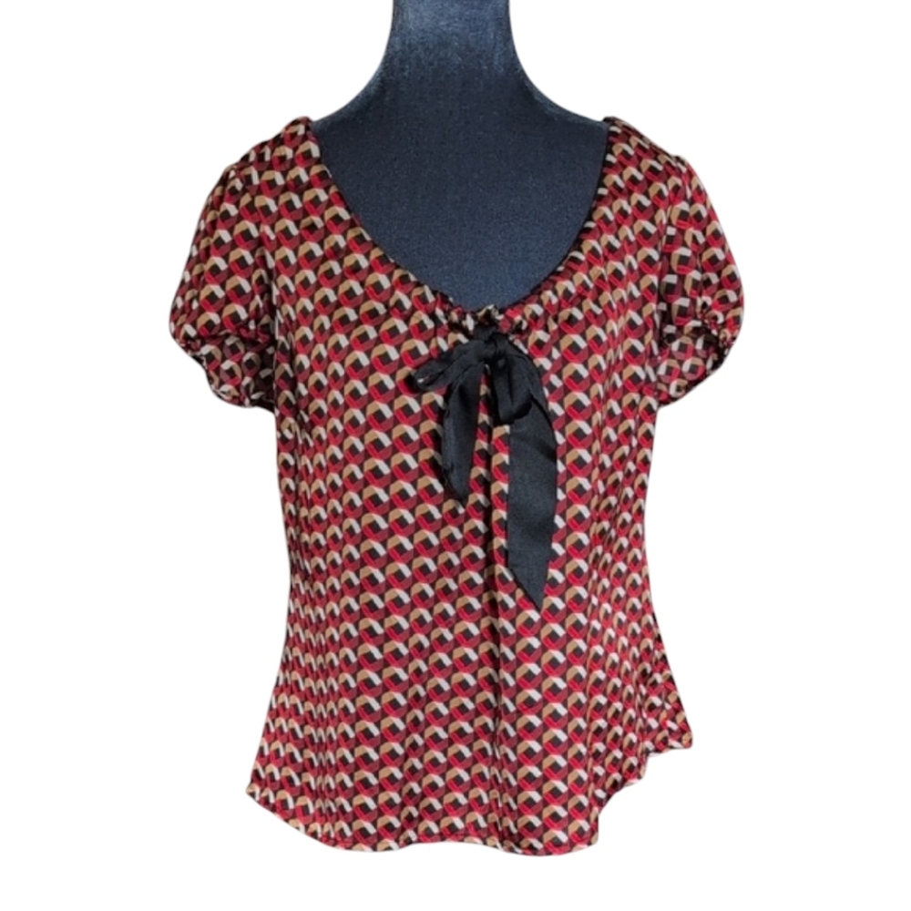 Loft Tan/Black/Red Geometric Print Blouse With Tie Bow Size Large Petite